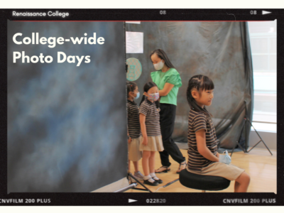 Primary RCHK student posing for a photo before the photo screen background during school photo days at Renaissance College Hong Kong.